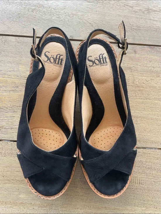 Sofft Black Suede Slingback Wedge Sandals