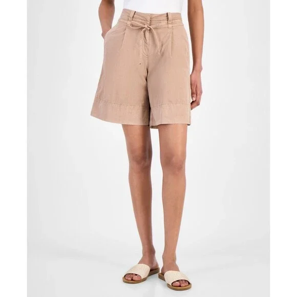 BOSS Orange High-Rise Baggy-Fit Shorts Women's 2 Beige Pleated Zip Hook & Bar
