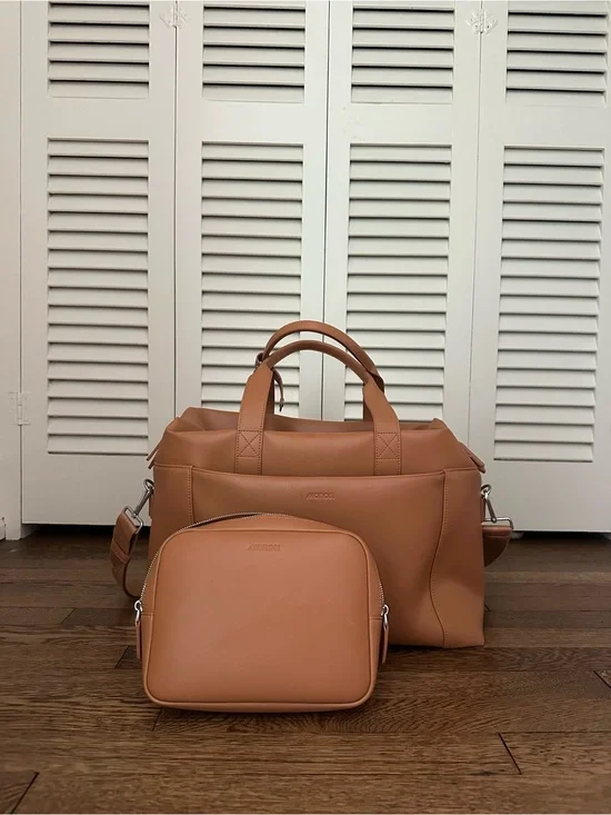 Monos Metro Tan Vegan Leather Duffel with Folio Case
