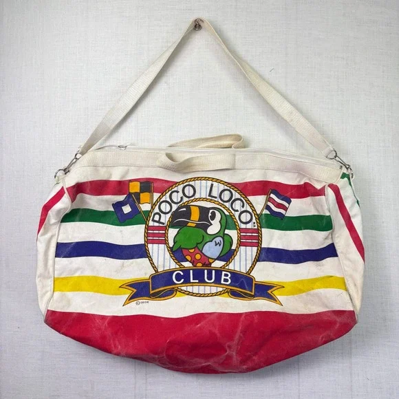 Vintage Poco Loco Club Duffel Bag L Multi Color Striped Cancun Toucan Bag 26x20