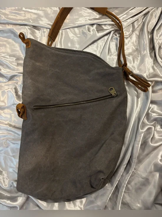 Tom Clovers Suede Drawstring Backpack in Charcoal with Tan Straps