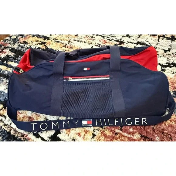 Vintage Tommy Hilfiger Duffel Bag Red White Blue Canvas Travel Gym Bag