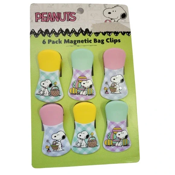 NEW Peanuts Snoopy Easter Magnetic Bag Clips 6 Pack Woodstock Pastel‎ Gingham