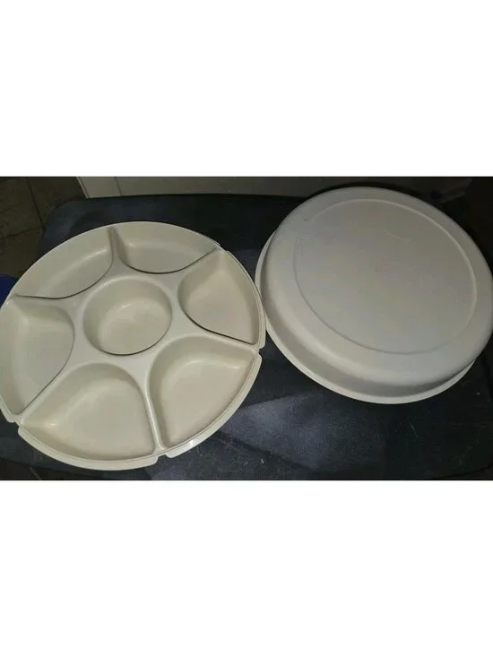 VTG Tupperware Almond Divided Veggie Fruit Serving Tray #1666 WITH LID #1665
