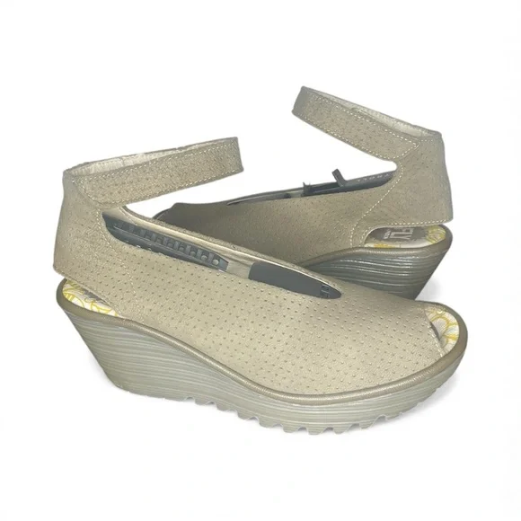 Fly London Beige Perforated Ankle-Strap Wedge Sandals