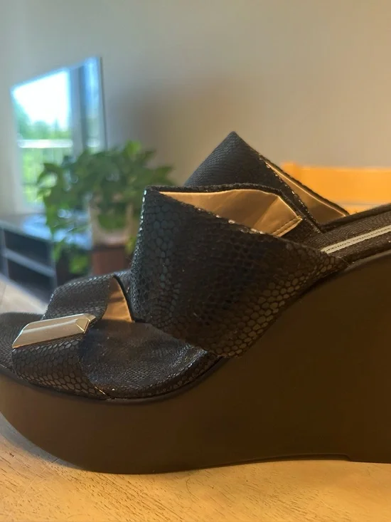 INC International Concepts Black Textured Wedge Slide Sandals