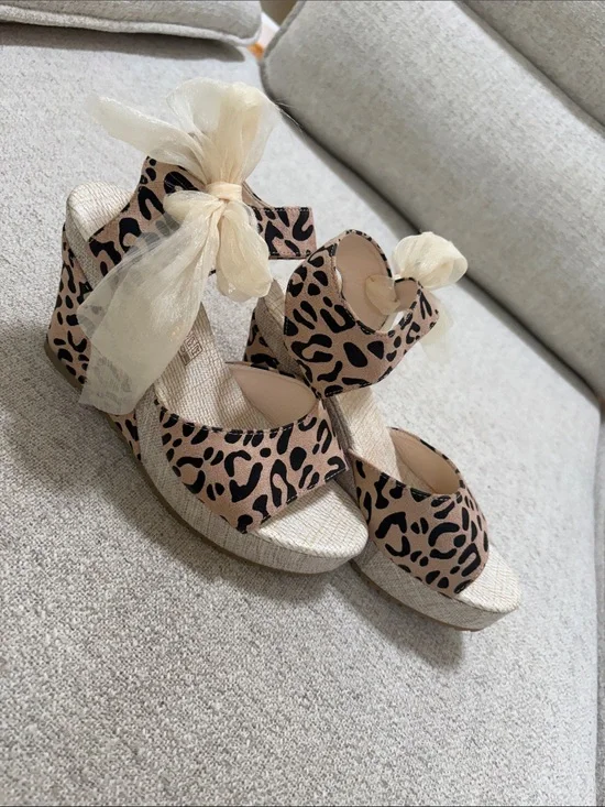 Leopard Print Wedge Sandals with Ivory Ribbon