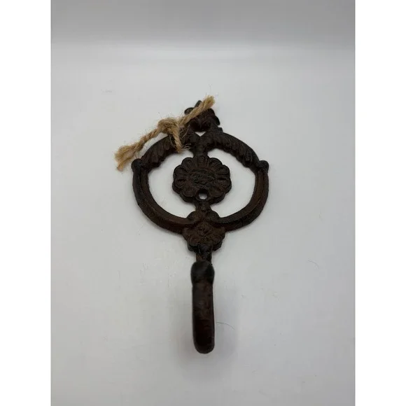 Vintage Cast Iron Wall Hook Ornate Floral Medallion Dark Brown Farmhouse Decor
