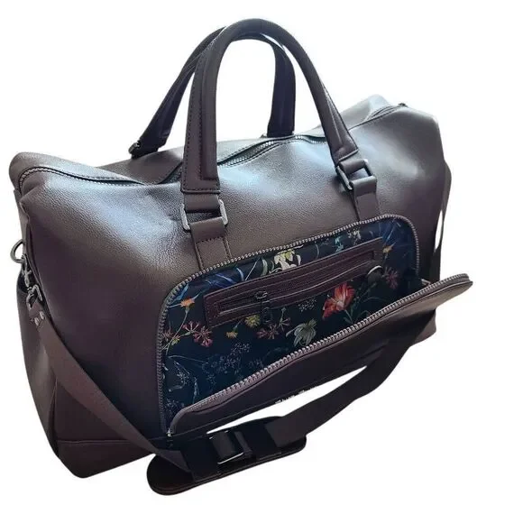 Robert Graham Duffle Bag Brown Faux Leather Lined Travel Brown Floral $398 Retai