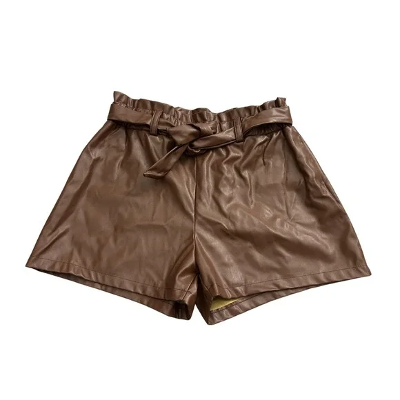 VTG‎ Jolie & Joy Faux Leather Shorts Womens Large Brown Excellent Paperbag Waist