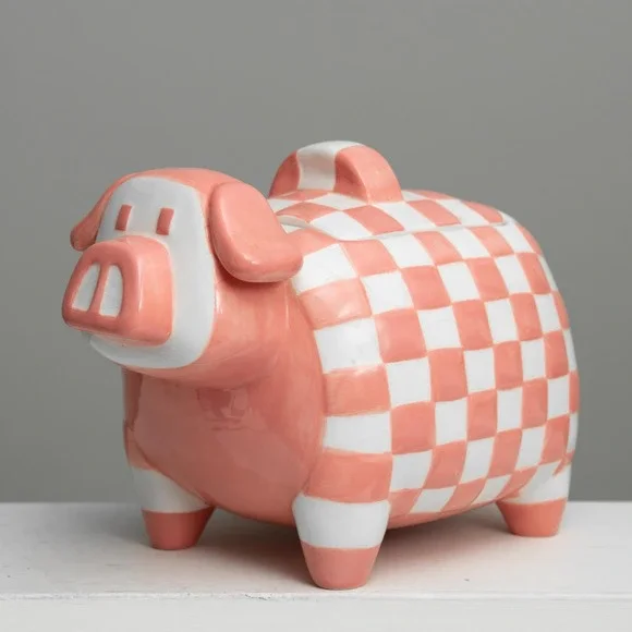 VTG Pink Pig Checkered Cookie Jar Whimsical CottageCore Retro‎ Country Farmhouse
