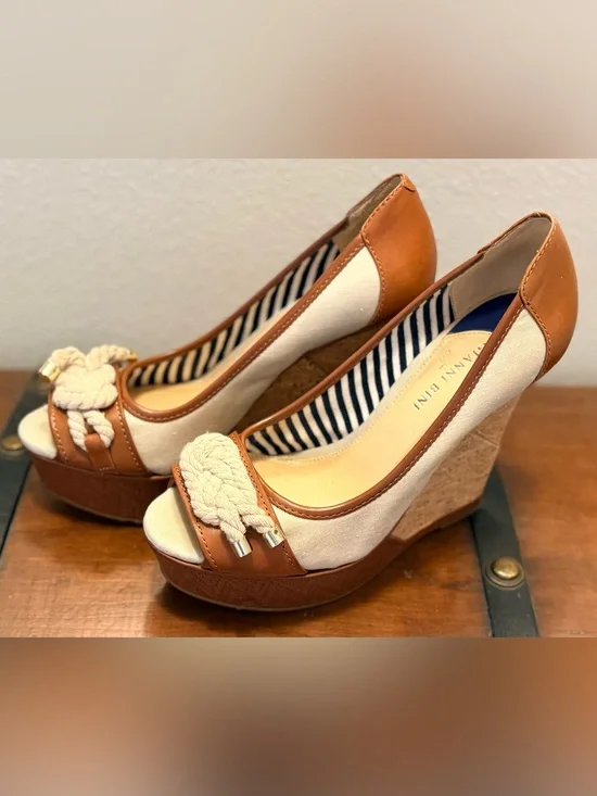 Gianni Bini Cream and Tan Peep-Toe Wedge Heels