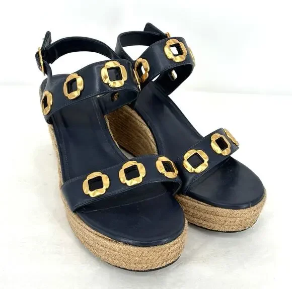 Larroudé Milan Espadrille Wedge Sandals Navy Blue Leather Women's 11