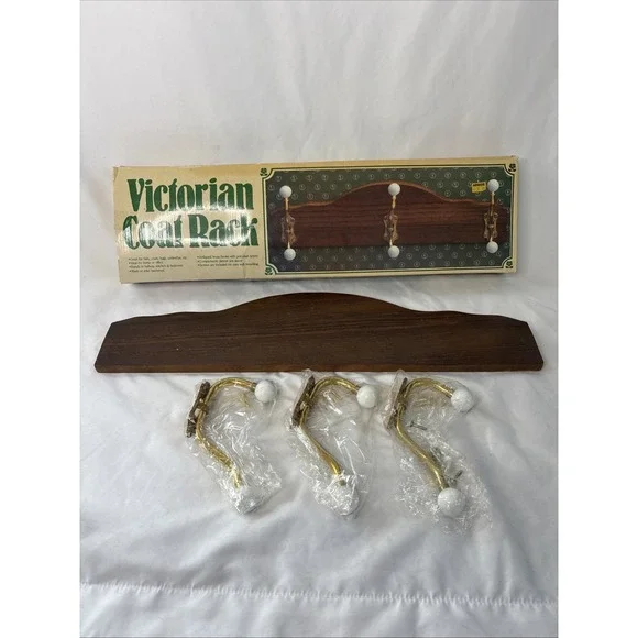 Vtg Victorian Coat Rack New In Box Wood Wall Mounted Brass Hooks Cottagecore NOS