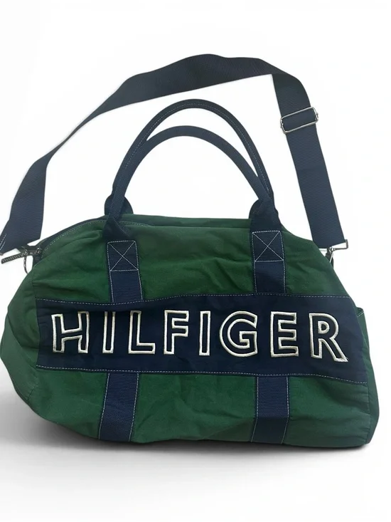 Tommy Hilfiger Green and Navy Canvas Weekend Duffel Y2K