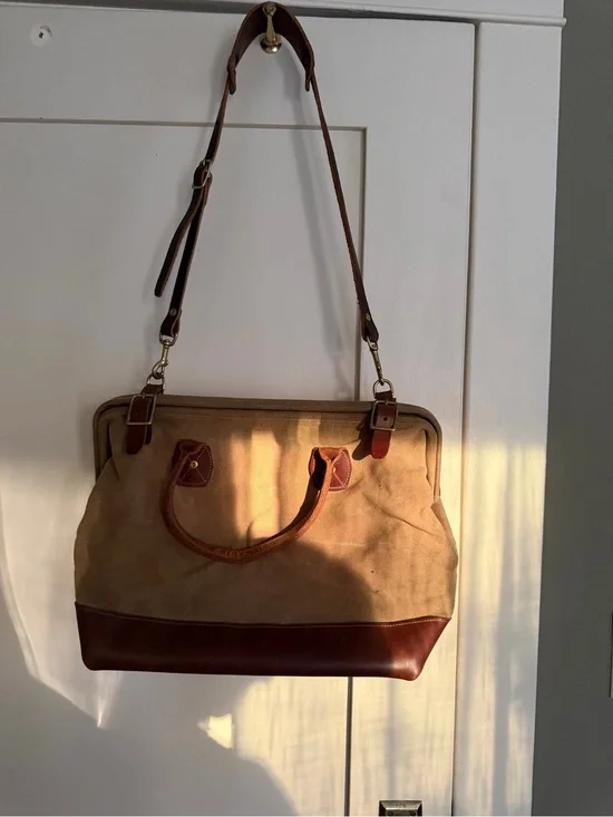 Wood & Faulk Canvas and Leather Satchel Tote - Tan & Brown