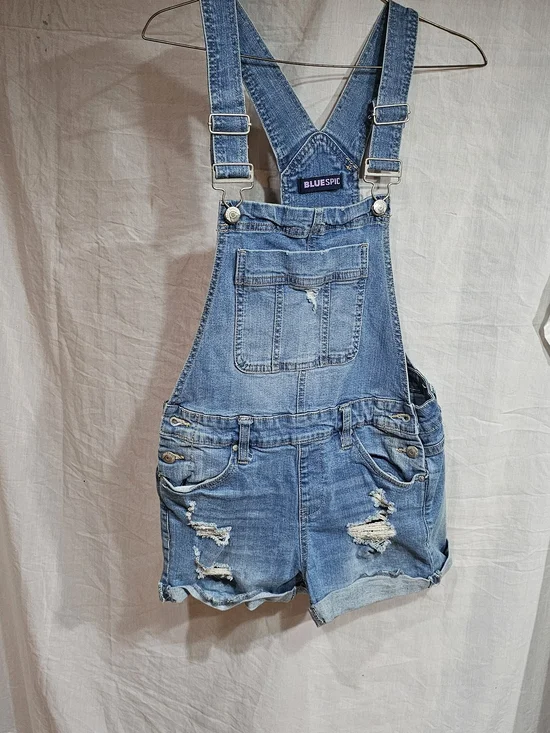 Blue Spice Light Blue Distressed Denim Short Overalls Bibs Size 5 Woman/juniors.