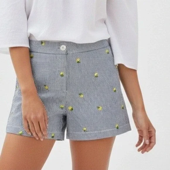 Crown & Ivy Women Size 14 Striped Lemon Embroidered Preppy Coastal Summer Shorts