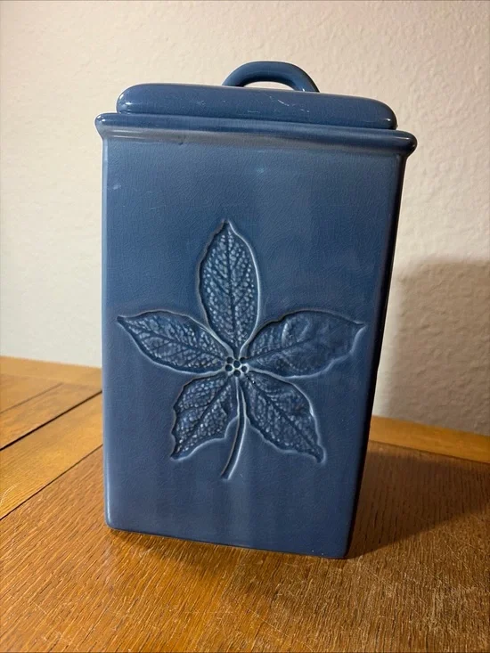 Vintage Lillian Vernon Kitchen Canister Blue Embossed Leaf Ceramic 11”