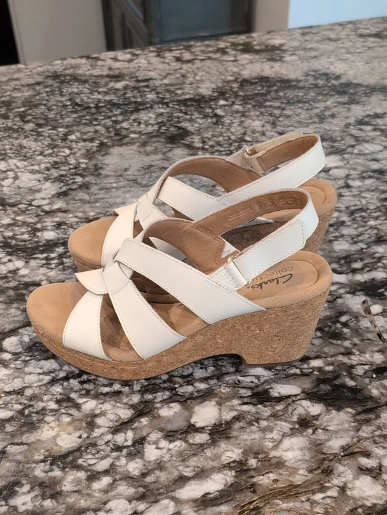 Clarks White Leather Cork Wedge Sandals - Perfect For Summer!