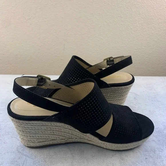 Liz Claiborne 8.5 Wedge Sandals Black LC Hatcher Perforated Espadrille Slingback