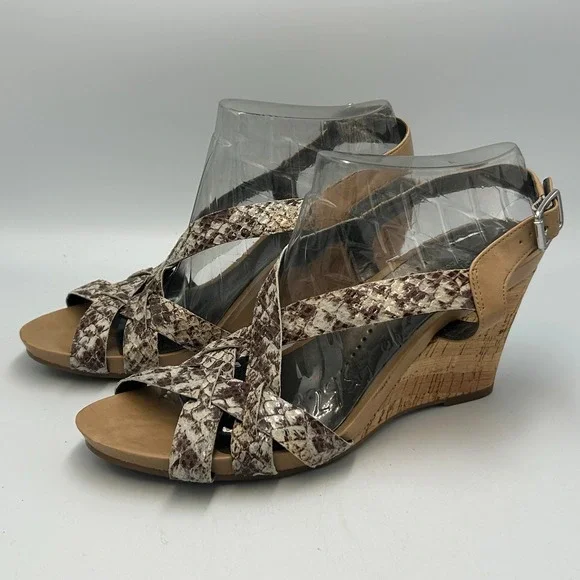 Naturalizer N5 Wedge Heel Sandal Brown Tan Snake Sandal Strappy Womens 9 Cork