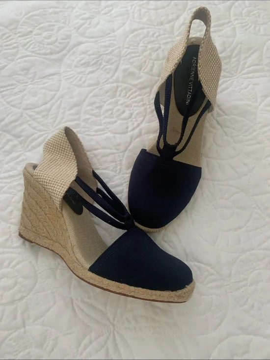 Adrienne Vittadini Navy and Natural Espadrille Wedge Sandals