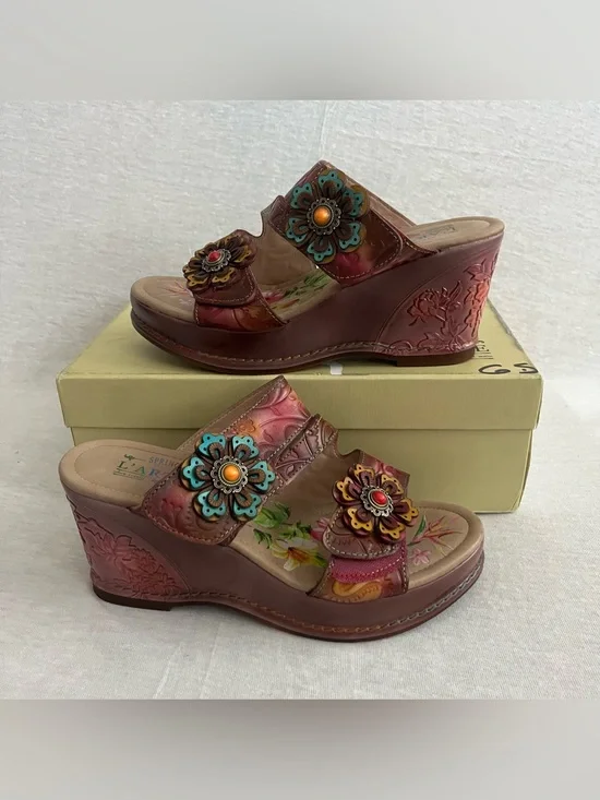 L'Artiste Spring Step Bleeker Floral Embellished Tooled Leather Wedge Sandals