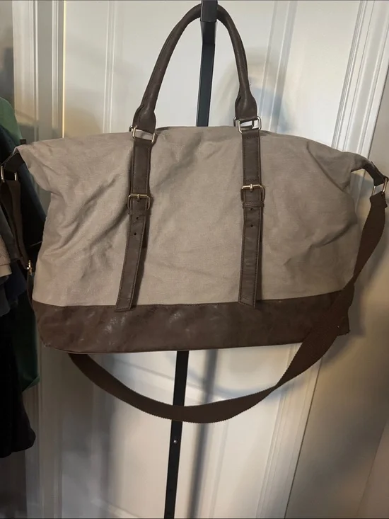 Canvas and Leather Two-Tone Weekender Bag - Beige/Brown