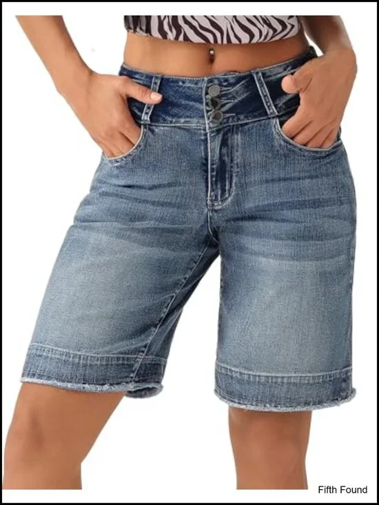 Wide Leg High Waisted Frayed Hem Denim Shorts with Pockets