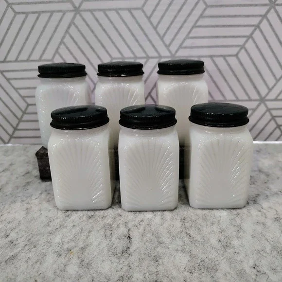 Vintage Art Deco Milk Glass Spice Jar Set 6pc Sunburst White Dark Green Lids