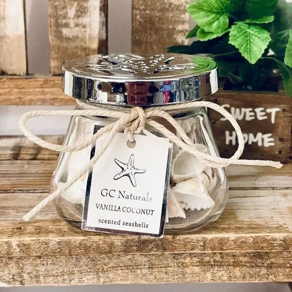NWT GC Naturals VANILLA COCONUT scented seashells Decorative Glass Aroma Jar