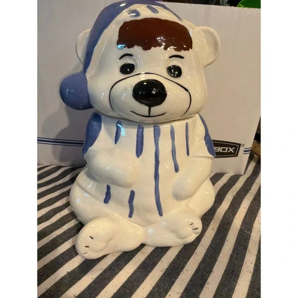 Vintage Ceramic Polar Bear Cookie Jar Blue Striped Pajamas Nightcap 10 Inch