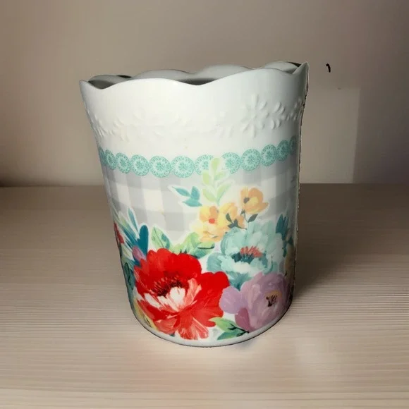 Pioneer Woman Utensil Holder Floral Gray Plaid