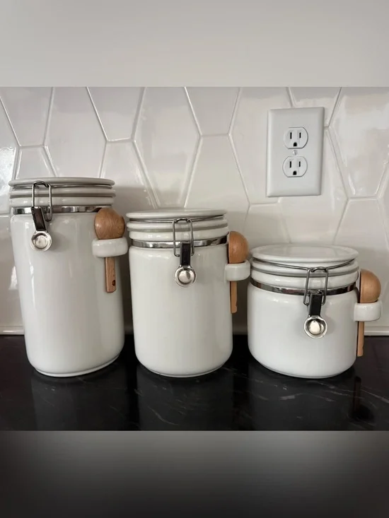 White Ceramic Canister Set (3pc) - Vintage Crate & Barrel “Bee House Japan”
