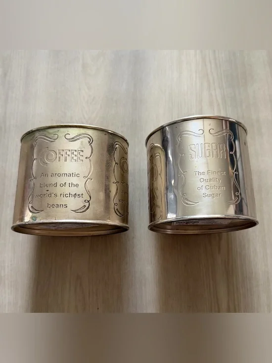 Vintage Antique Solid Brass Canisters w/ Lids Coffee & Sugar * See Pics