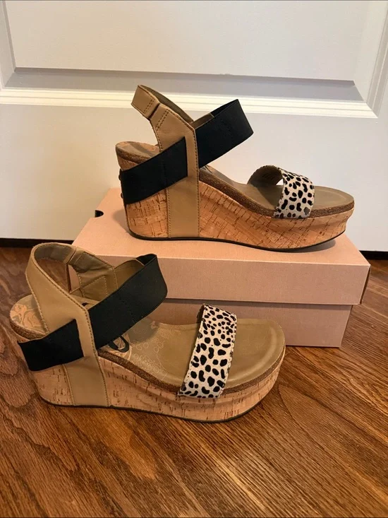 OTBT Bushnell Wedge Sandals Leopard w/Cork Platform - Tan/Black Sz 9.5 Lk New