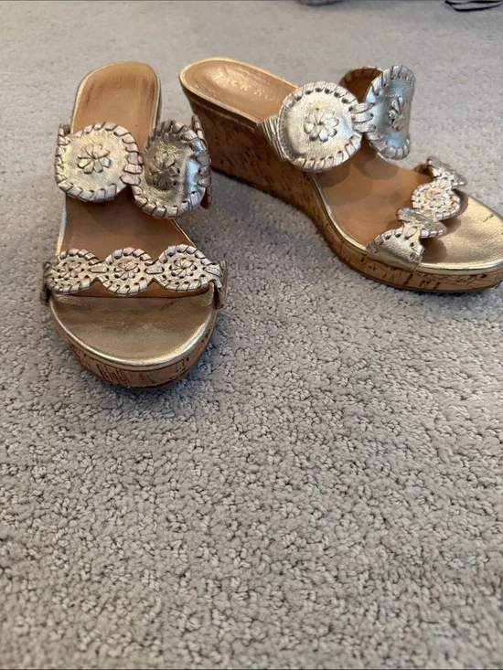 Jack Rodger’s Metallic Gold Wedge Sandals with Decorative Cutouts