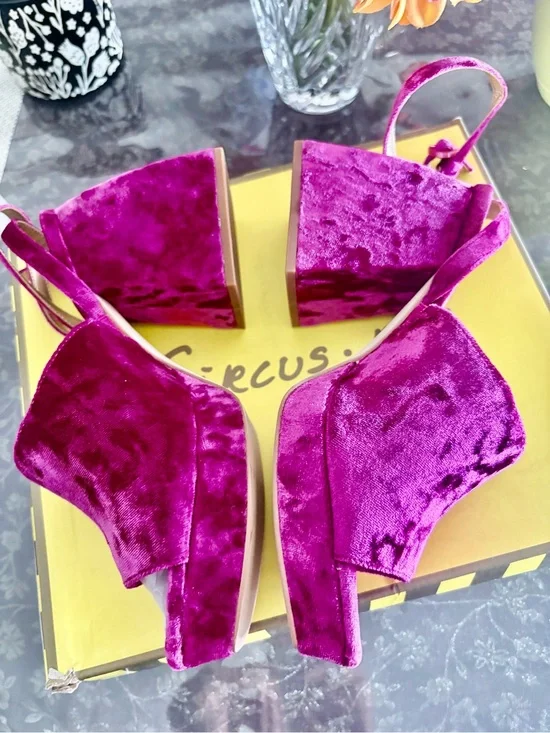 Circus NY Crushed Velvet Platform Wedge Sandals in Magenta 8