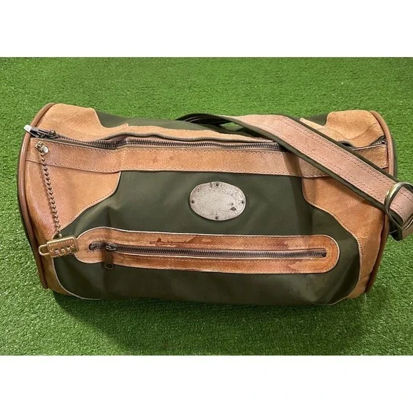 Vintage Waxed Canvas Weekender‎ Duffle Bag Olive Drab Brown Leather Western 70s