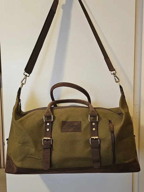 Shoulder Sling Canvas And Leather Duffel - Olive Green with Leather Trim