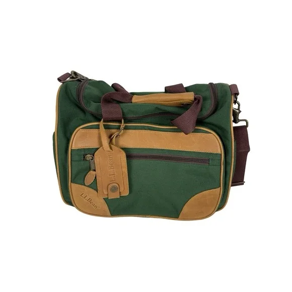 LL Bean Duffle Bag Carry On Small Green Canvas & Leather Straps Vintage