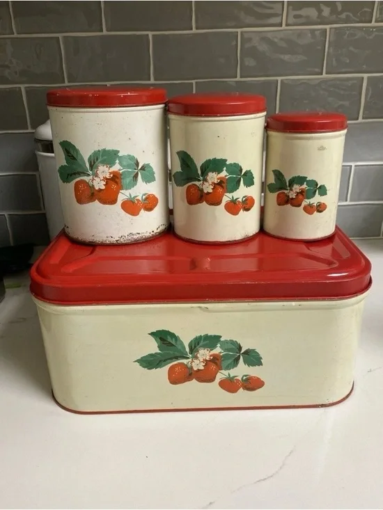 Vintage Strawberry Shabby Chic Hinged Red Metal Bread Box & Canister Set