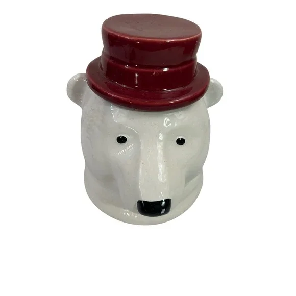 Unbranded Polar Bear Cookie Jar OS White Red Top Hat Ceramic Christmas Decor