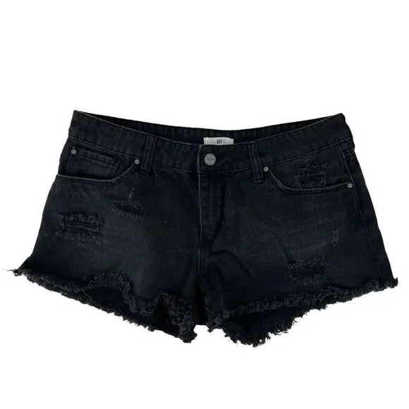Cut Off Jean Shorts Black Denim Distressed BP Size 28 Waist Mid Rise Festival