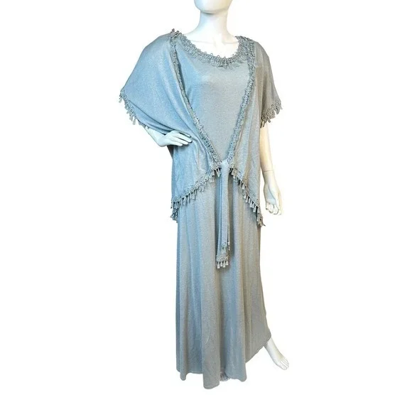 Vintage 90s Maxi Knit‎ Dress & Fringed Shawl Set Linda Lundstrom Linen Blend KC