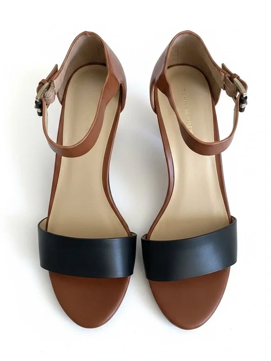 Tommy Hilfiger Ankle Strap Wedge Sandals Brown Black Leather Size 7.5