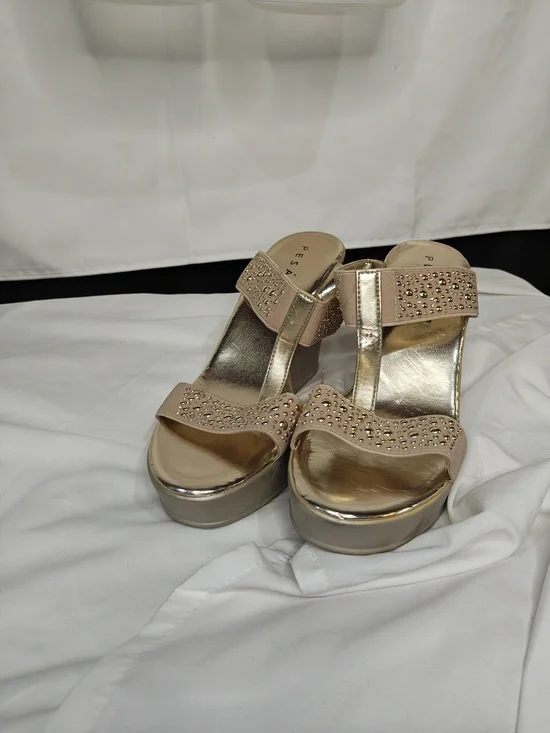 Pesaro Beige Gold Studded Womens Wedge Sandals