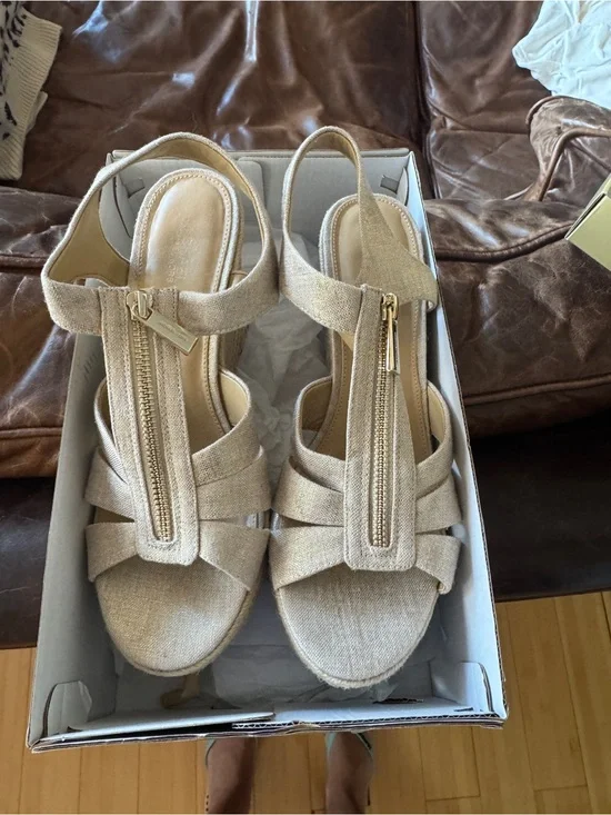 Womens Beige Linen Zip Front Wedge Sandals