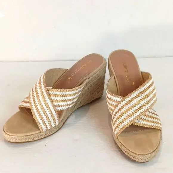 Allegra K Women's white/tan crisscross strap platform slide wedges sandals S/ 9